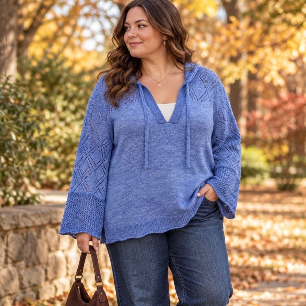 Torrid Blue Space Dye Ombre Crochet Knit Hoodie Sweater V-Neck Tie Front Size 2